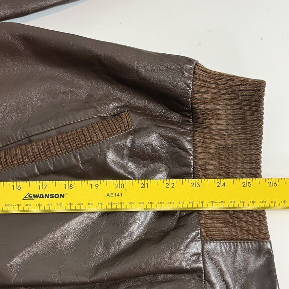 Vintage 80s Brown Leather Bomber Racing Jacket & Removable Faux Fur Liner L/48 - Picture 12 of 16